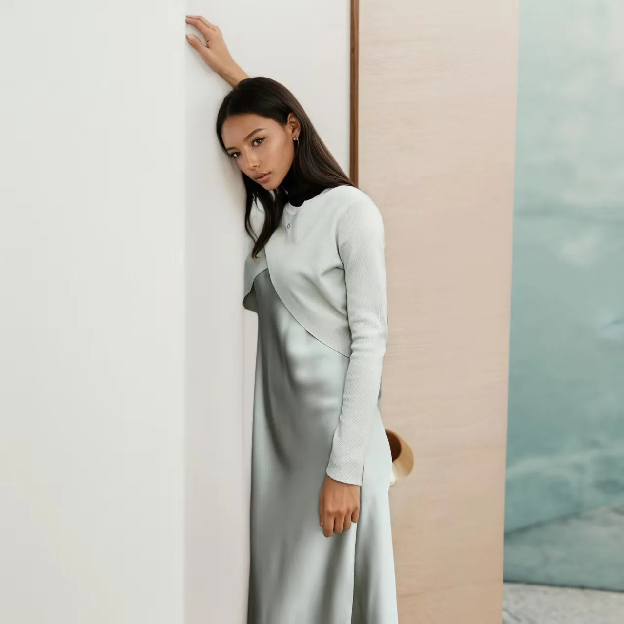 Silk Satin Maxi Dress & Knit Top Set