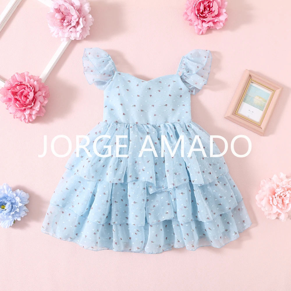 Girls Floral Embroidery Layered Princess Dress | Summer Mesh Sundress