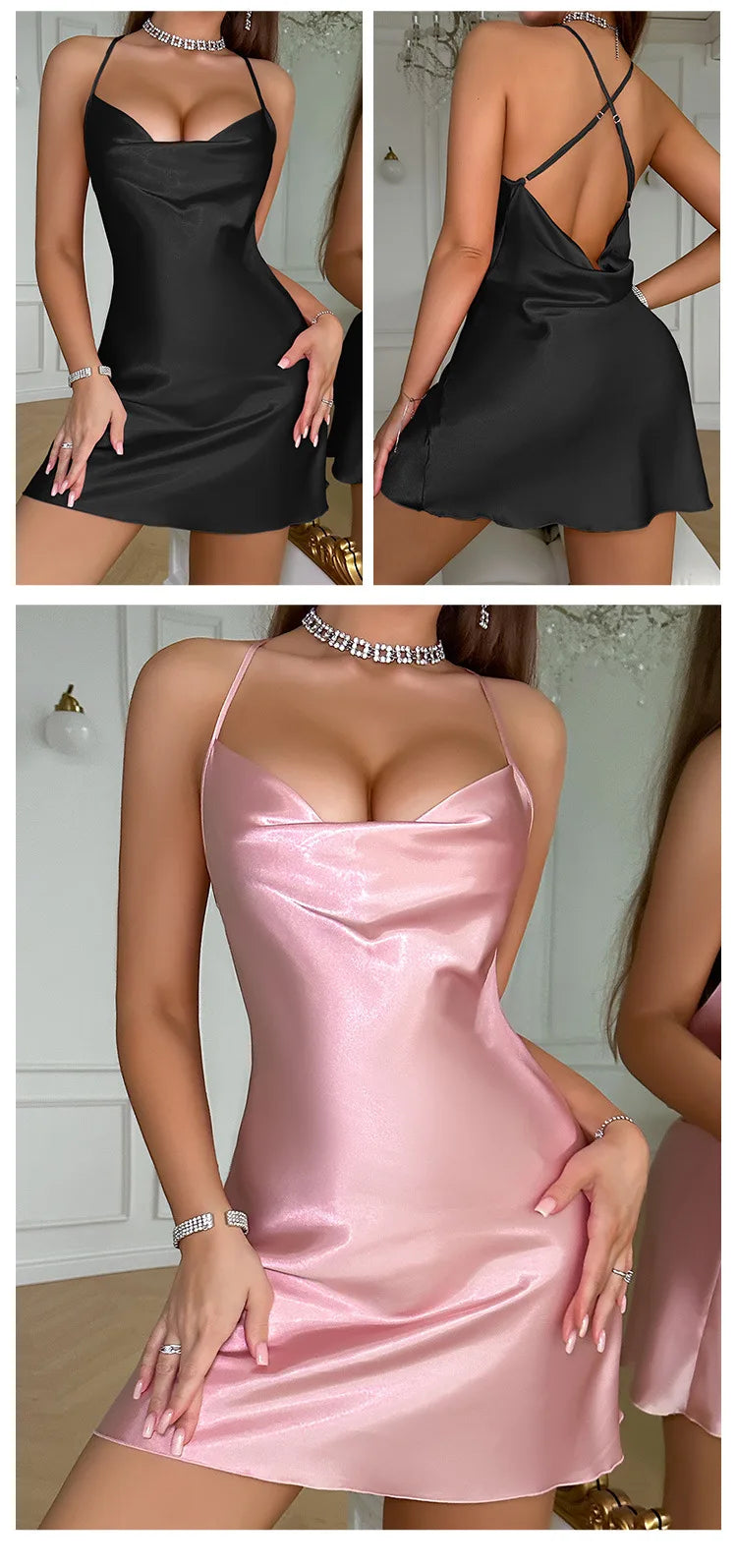 Sexy Lace Satin Silk Mini Dress Women Nightdress Sleepwear Cross Strap Pile Pile Collar Slip Backless Night Dress Pajamas