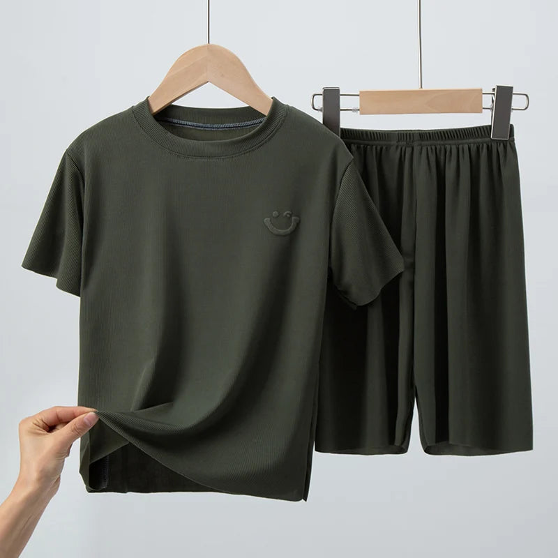 2-piece Summer Children's Solid Color Ice Silk Suit Boys Casual Fashion Cool Short-sleeved Girl Han Fan Joker Shorts Home Clothe