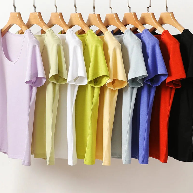 SuyaDream 2022 Woman Summer Tee Silk Acetate Blend U Neck Slim Waisted Solid Cosy T Shirt Candy Colors Top
