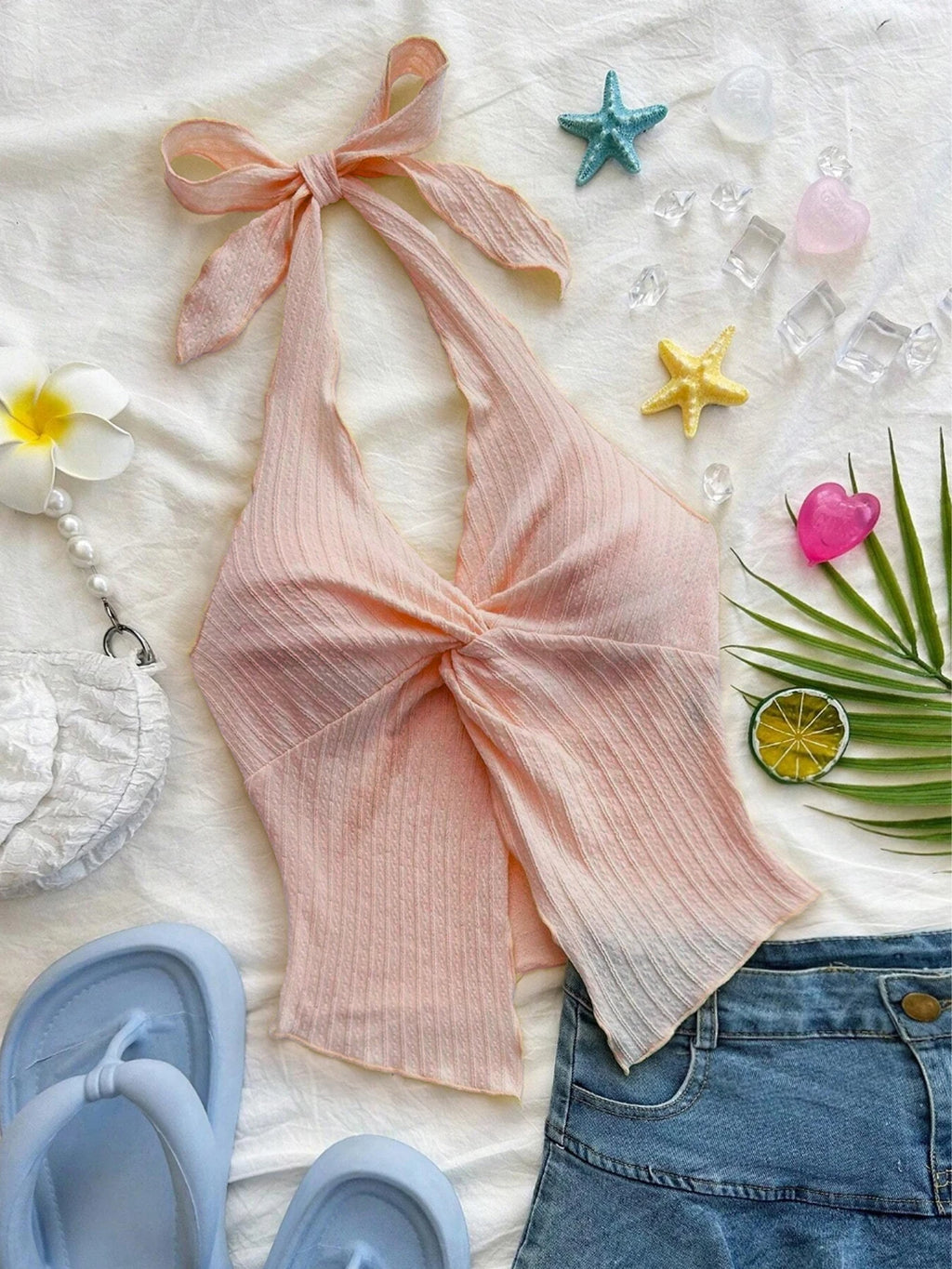 Sexy V-neck Halter Neck Crop Top for Women Summer Sleeveless Solid Split Backless Top Y2K Clothes