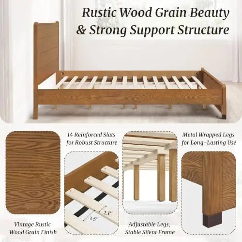 King Size Bed Frame, Mid-Century Solid Wooden Platform Bedframe with 42" High Headboard, Sturdy 800lb Heavy Duty Bed