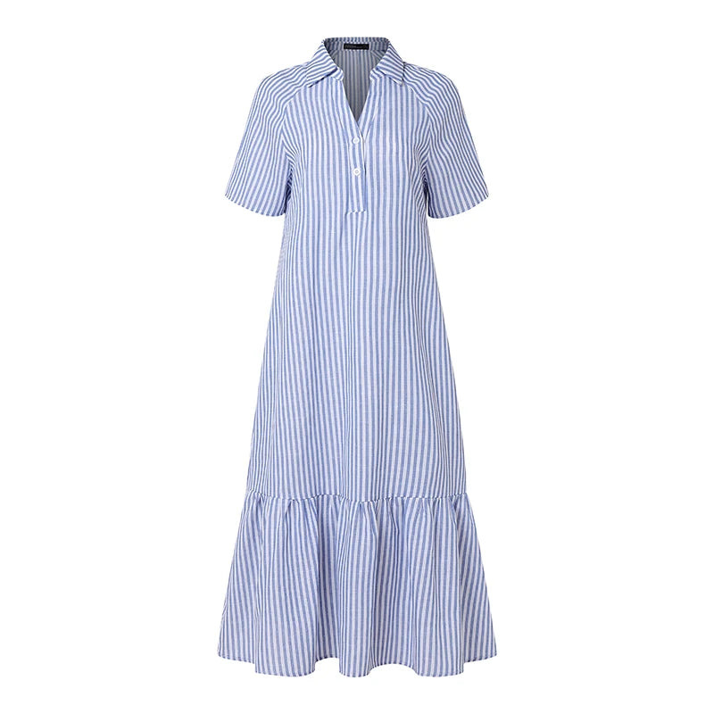 Women Summer Sundress ZANZEA Stylish Lapel Neck Striped Dress Elegant Short Sleeve Ruffled Hem Work Midi Dresses Baggy Robe 2026