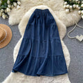 Karofi Women Cotton Tiered Denim Midi Skirt Elastic Waist Ruffle Layer A Line Flowy Long Casual Vintage Daily Beach Jean Skirt