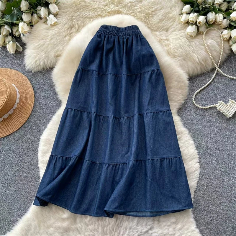 Karofi Women Cotton Tiered Denim Midi Skirt Elastic Waist Ruffle Layer A Line Flowy Long Casual Vintage Daily Beach Jean Skirt