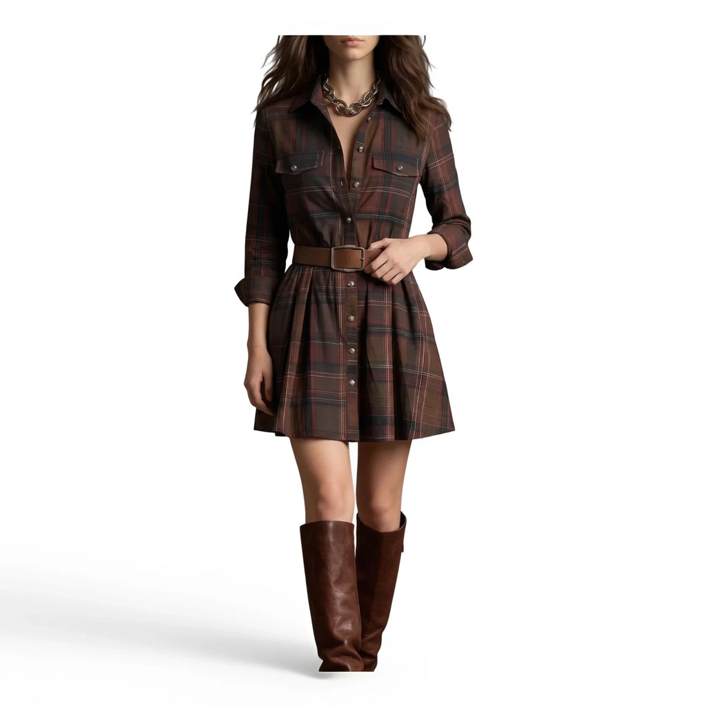 Women's Turn‑Down Collar Long Sleeve Mini Dress Plaid Print Button Front Pleated A‑Line Shirt Dress Fashion Casual Ladies Daily Outfit