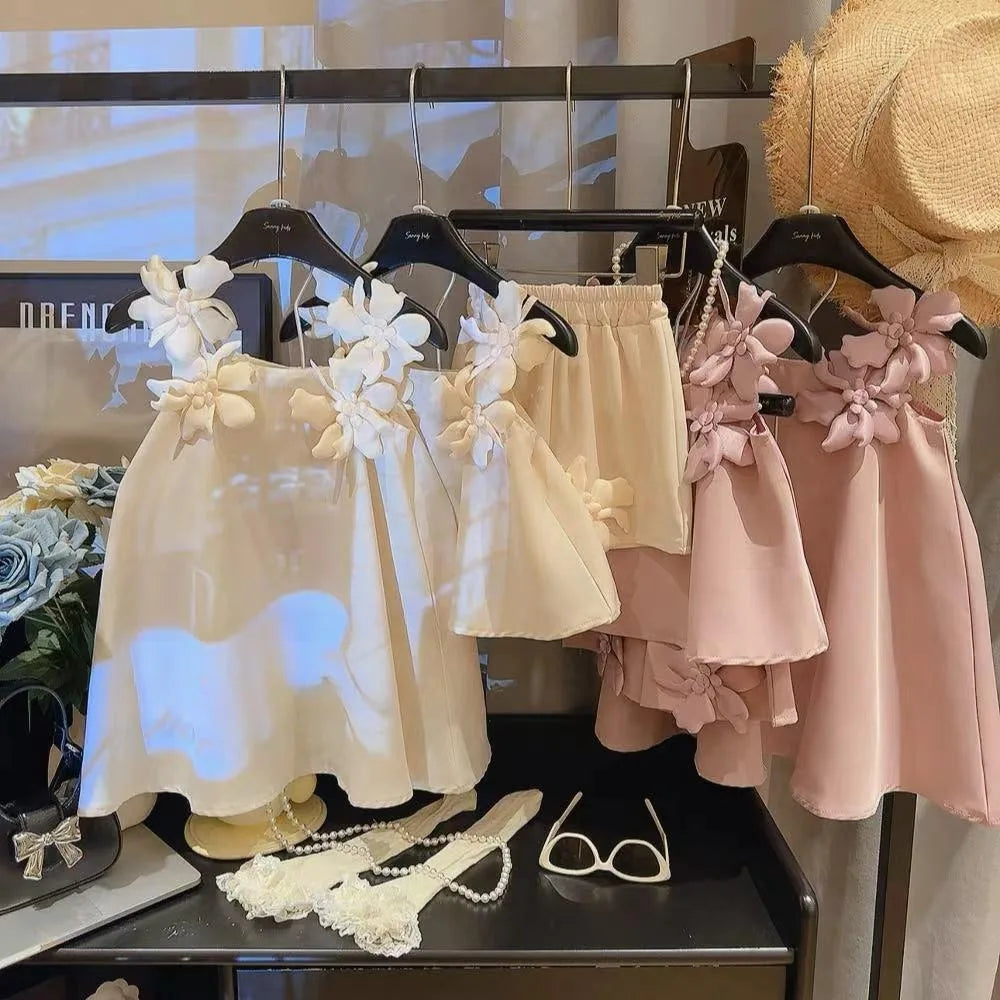 Summer New Three-Dimensional Flower Strap Dress for Girls High-Quality Wedding Birthday Princess Dress2-7Years Old