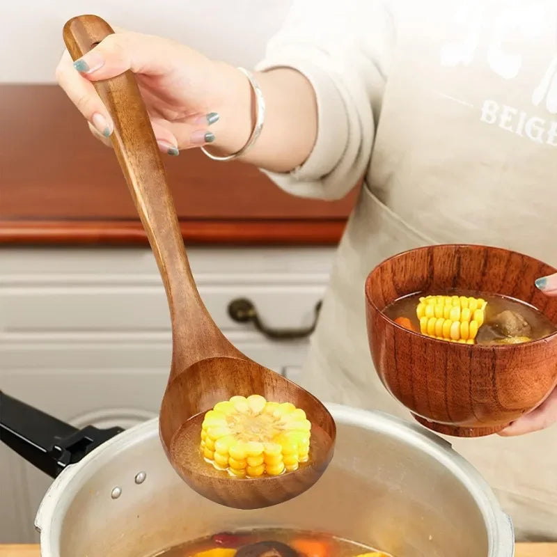 Large Wooden Soup Spoons Long Handle Heat-resistant Rice Scoops Portable Hanging Cookware Home Kitchen Restaurant Cooking Tools