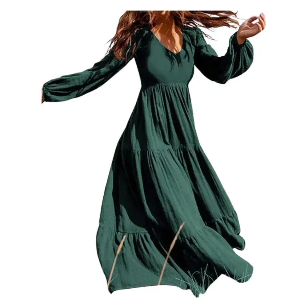 Woman's Solid Color V Neck Dress Elegant A Line Maxi Dress with Pleated Long Sleeves Femme Robe Solid Color Big Swing for Dating
