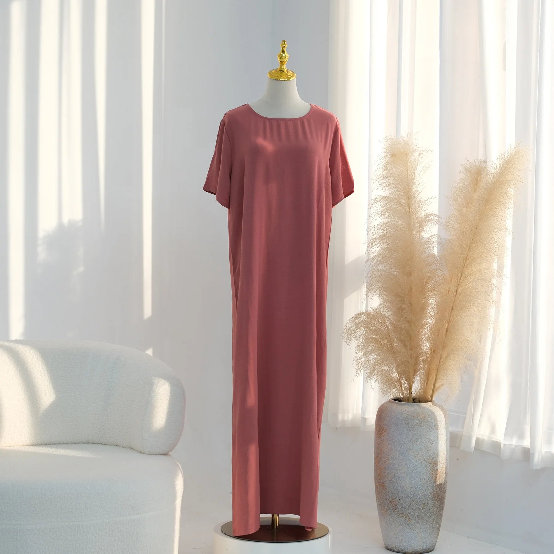 Modest Short Sleeve Women Inner Dress Basic Abaya Muslim Eid Ramadan Round Neck Maxi Loose Casual Long Versatile Fashion Kimono