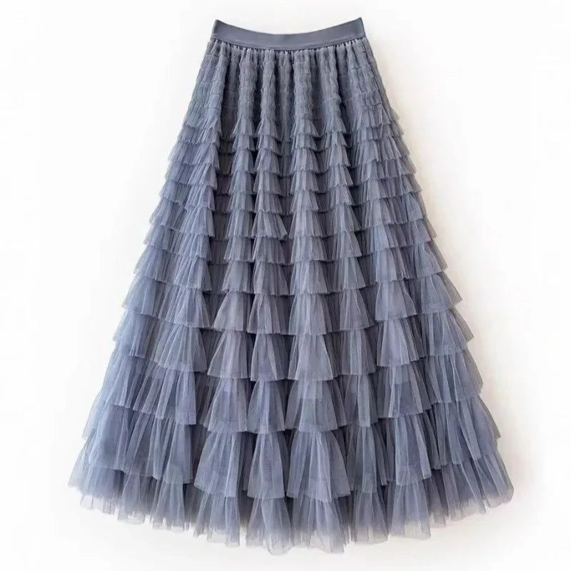 HOT Solid Multilayer Ruffle Mesh Skirt Women Boho High Waist Long Maxi Tulle Skirt Spring Summer Party Women's Clothing