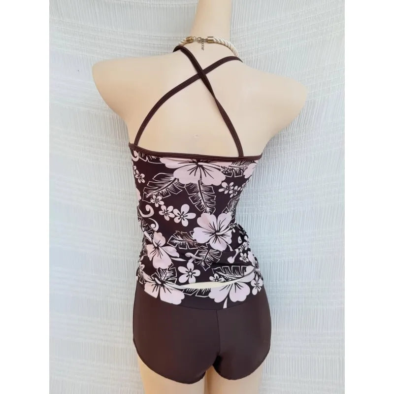 Tropical Floral Print Halter Tankini Swimsuit, V-Neck Top & Boyshort Bottom Two-Piece Set