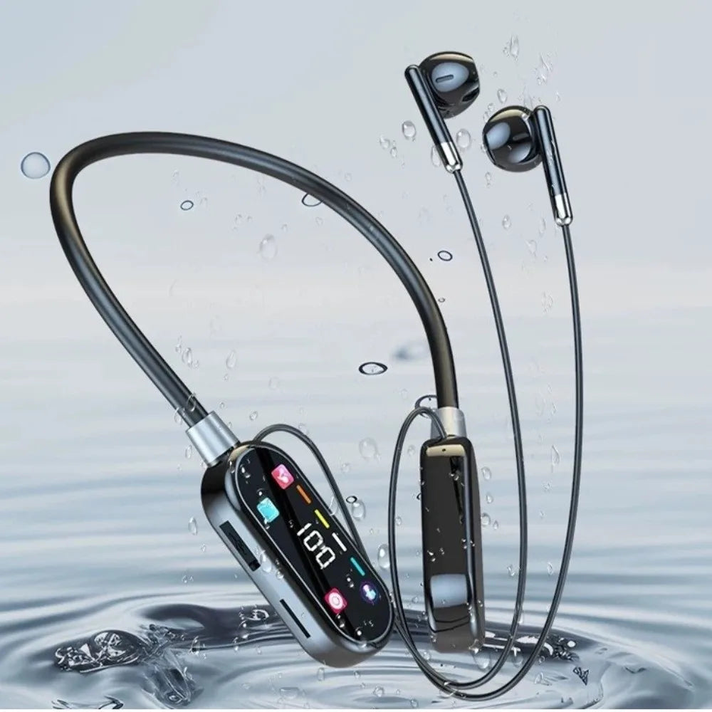 Wireless Wireless Earphones Long Battery Life HiFi Stereo Neckband Headphones HD Mic LED Display Screen Sports Headset