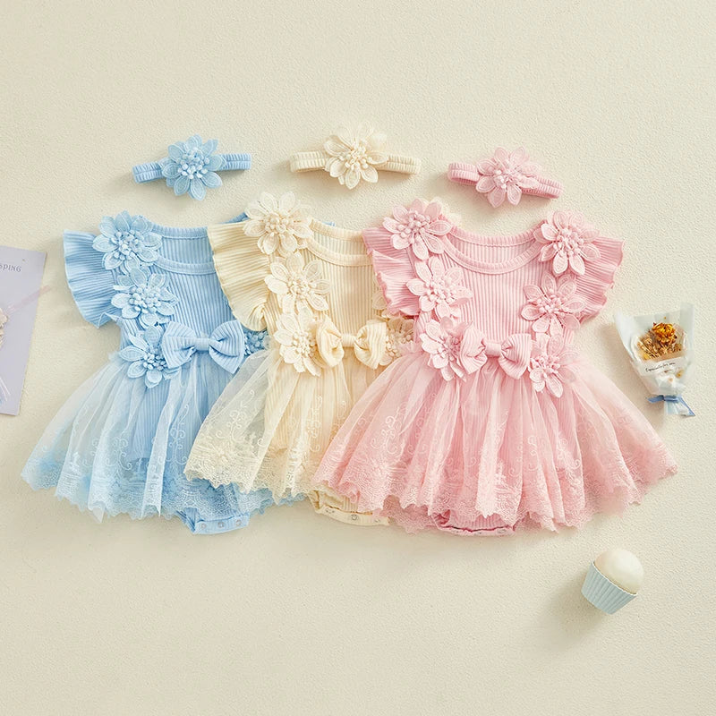 Maemukilabe Baby Girl Lace Tulle Romper Dress With Headband For Toddler Girls 1 To 2 Years Floral Bow