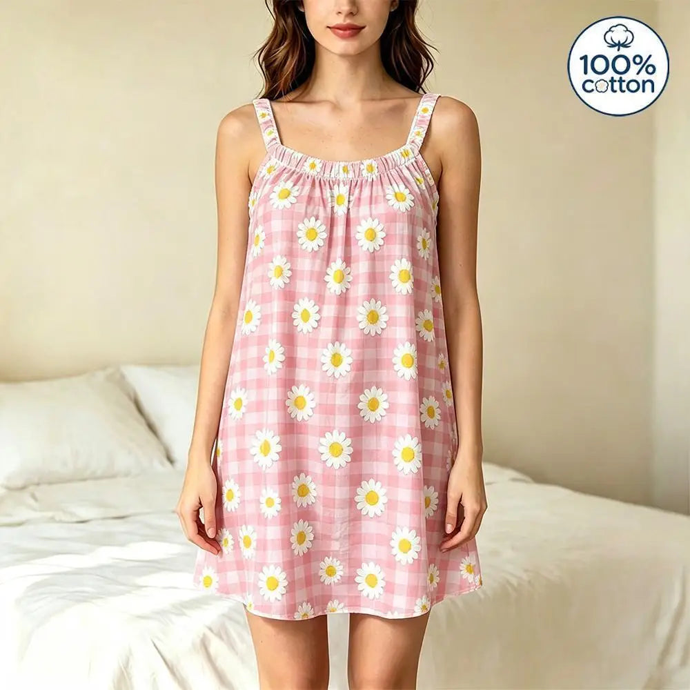 100% Cotton Women's Sleeveless Slip Nightgown Sweet Daisy Plaid Print Loose Summer Sleep Dress Ladies Casual Homewear Pajamas