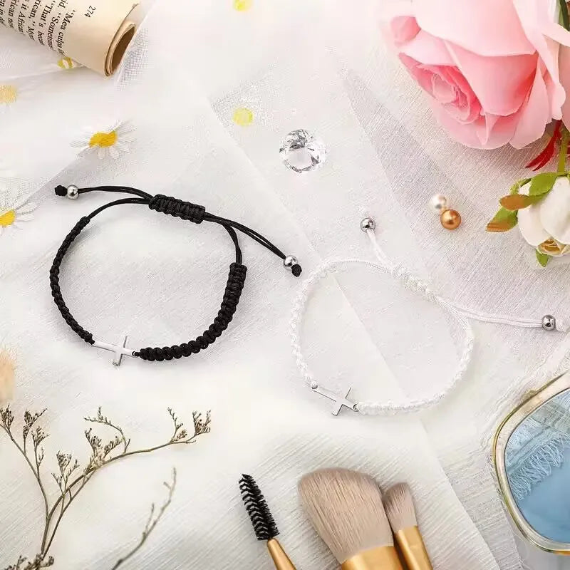 2 Pcs Stainless Steel Cross Braided Rope Couple Bracelets Black White Adjustable Woven Bracelet Gifts