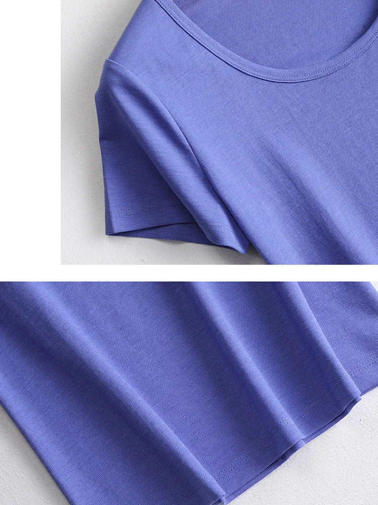 SuyaDream 2022 Woman Summer Tee Silk Acetate Blend U Neck Slim Waisted Solid Cosy T Shirt Candy Colors Top