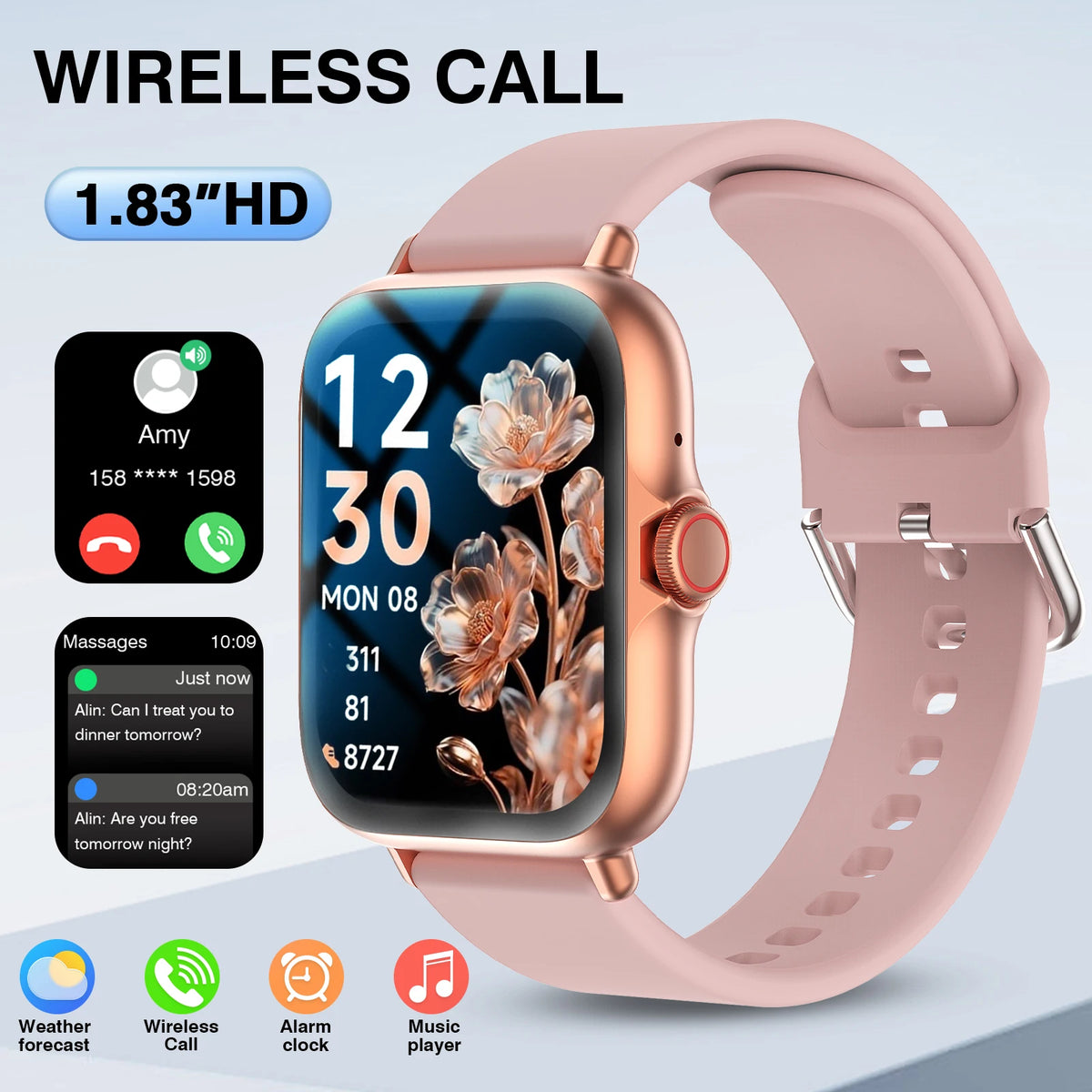 1.83" Touch Screen Smart Watch - Wireless Calling, Silicone Band