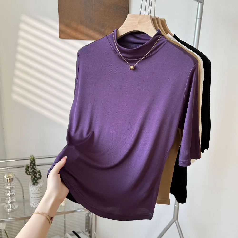 2026 Women's Spring/Summer New 100% Natural Mulberry Silk (Knitted) Basic Solid Color Half High Neck Mid Sleeve Bottom Shirt
