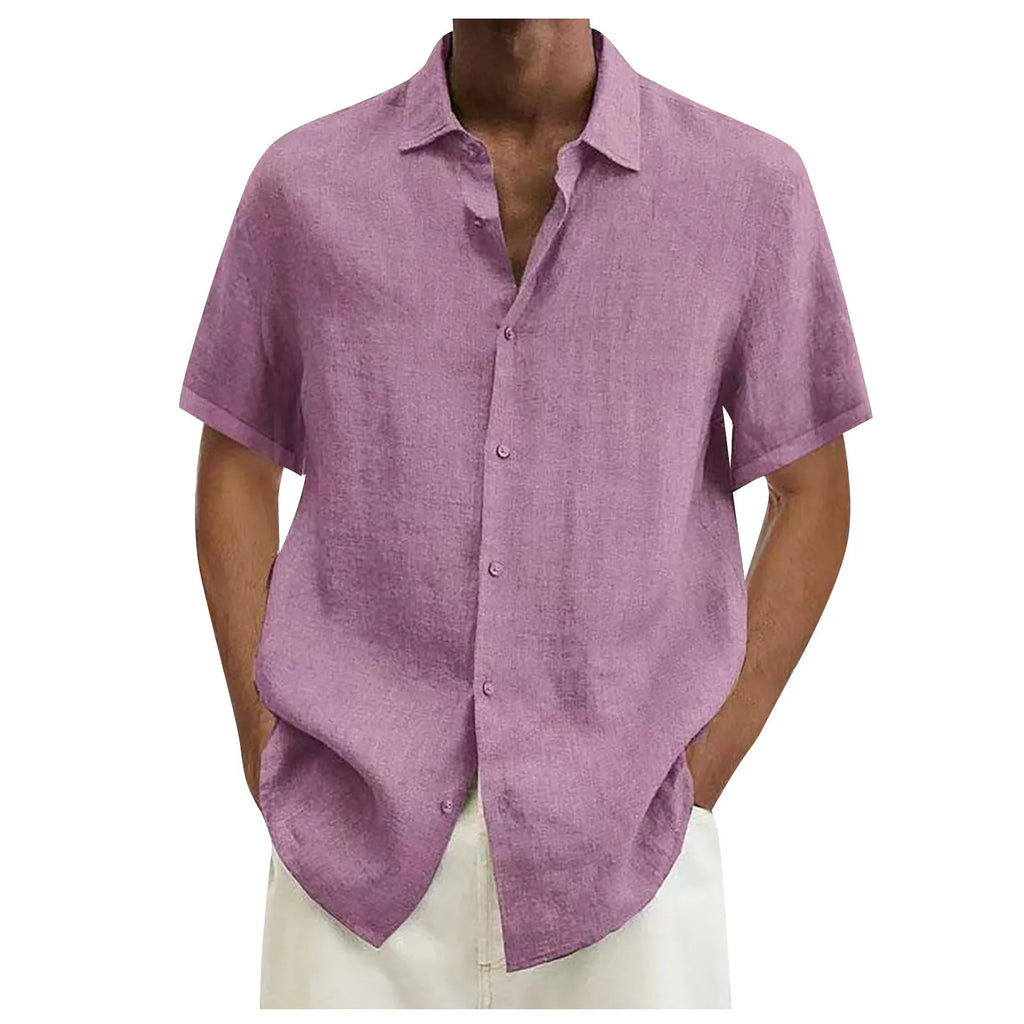 Men'S Short-Sleeved Shirts Cotton Linen Summer Solid Color Turn-Down Collar Quick Drying Casual Beach Style Plus Size Shirts