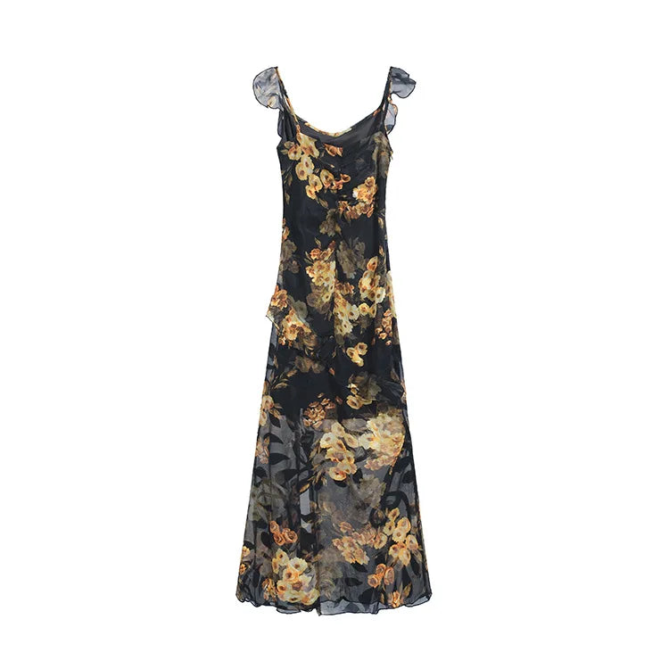 Summer 2026 Women's Long Sleeveless Dress Halter Neck Print Gauze Edge Split Fashionable Slim Fit Street Style High Waist