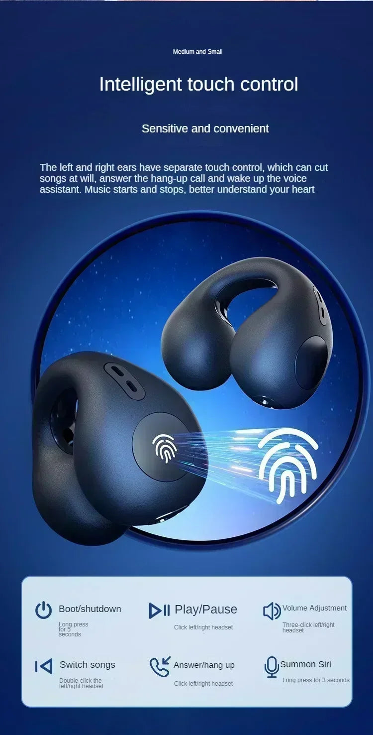 TWS Bluetooth Headset 5.3 Wireless Air Conduction Headphones Clip Ear Music Noise Canceling HD Call Sports Gaming Earphone
