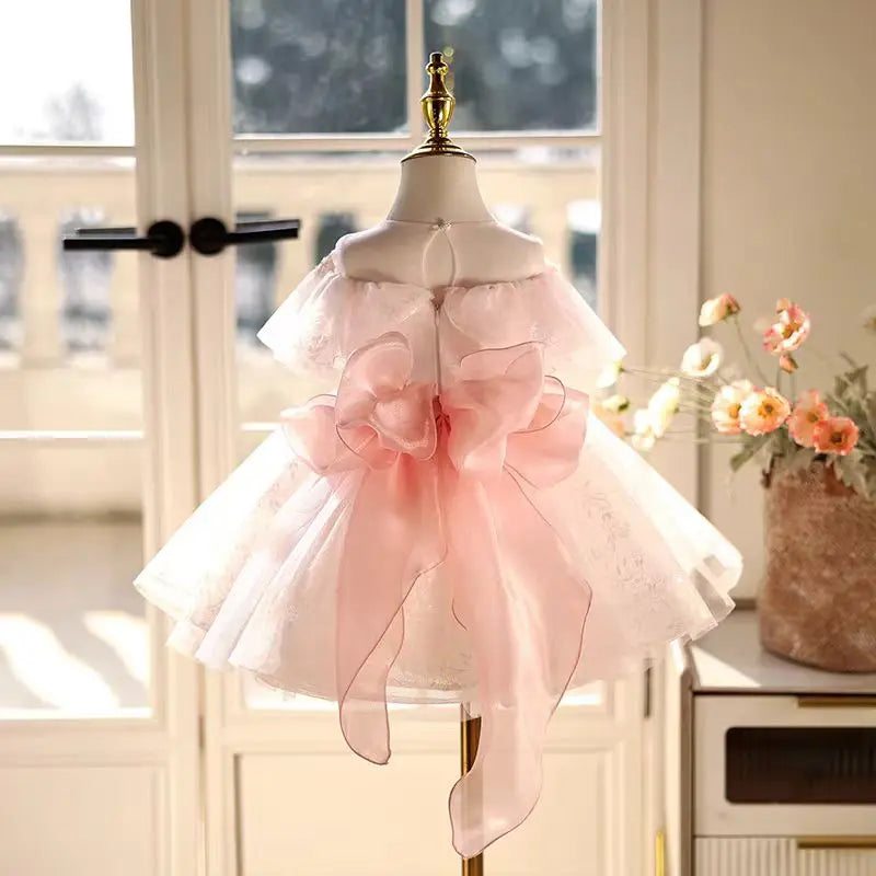 Dreamy Vow J472 Elegant Pink  Baby Girl Dress with Bow for Kids 1st Wedding Birthday Holiday Party Holiday Knee Length Ball Gown