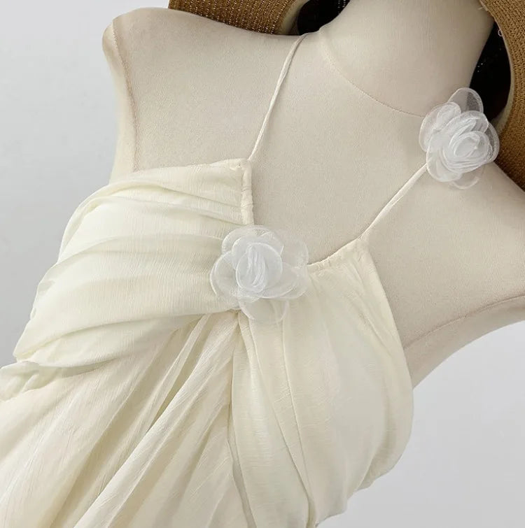 French style three-dimensional flower hanging neck lace-up dress women's summer vacation style sexy backless big swing skirt