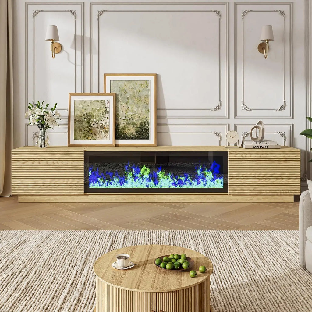94.5" Fluted Fireplace TV Stand for Living Room, Natural Wood, Customized