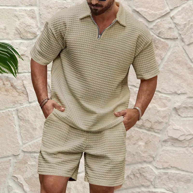 Mens Plaid Lapel Summer Breathable Sports Suit Set Short Sleeve Top And Shorts For Youth Men