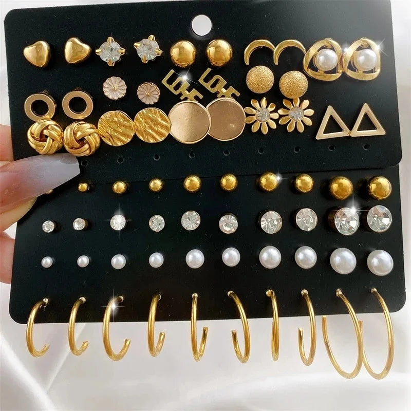 Trendy Vintage Gold Color Earrings Set Pearl Stud Earrings For Women'S Korean Geometric Crystal Small Earrings 2024 Brincosjewelry