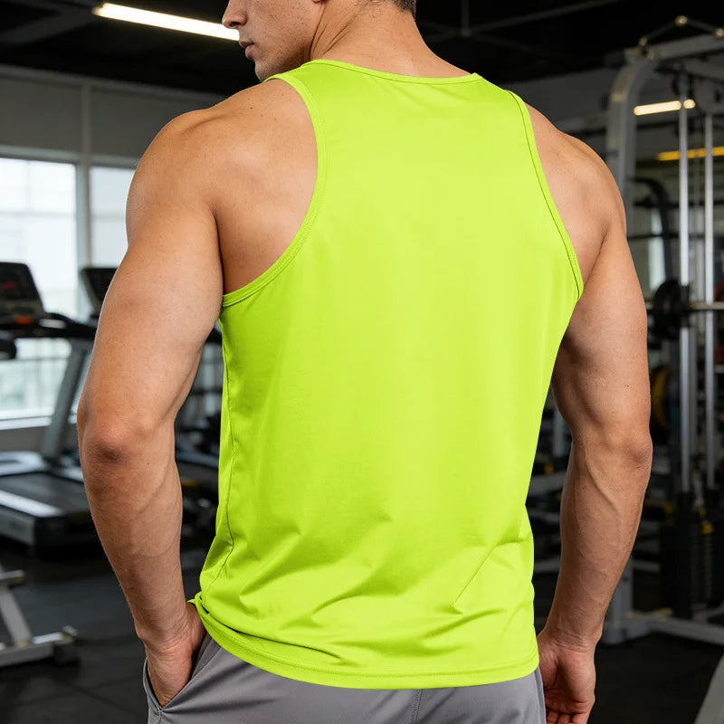 Men's Gym Sports Tank Top Muscle Aesthetic Dry Fast Workwear Polyester Fiber Summer Sport Fit Style Solid Color round Neck