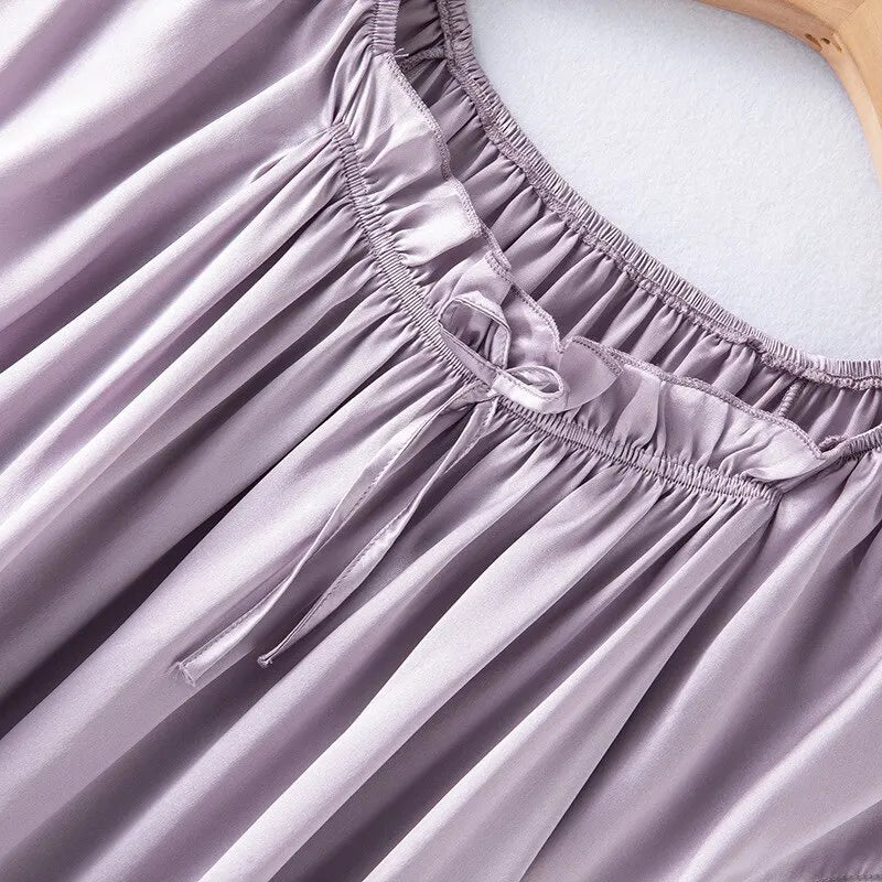 Loose 100%Silk Short Sleeve Nightgown, Summer Medium-long Satin Sleepwear Woman