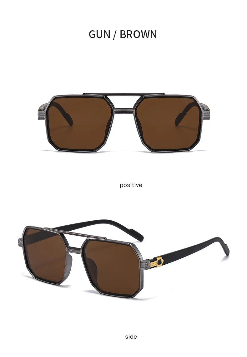 Car Sun Glasses 3pcs Retro Large Frame Square Sunglasses Classic Double Beam Metal Frame Glasses Fashion Men'S Gradient Eyewear