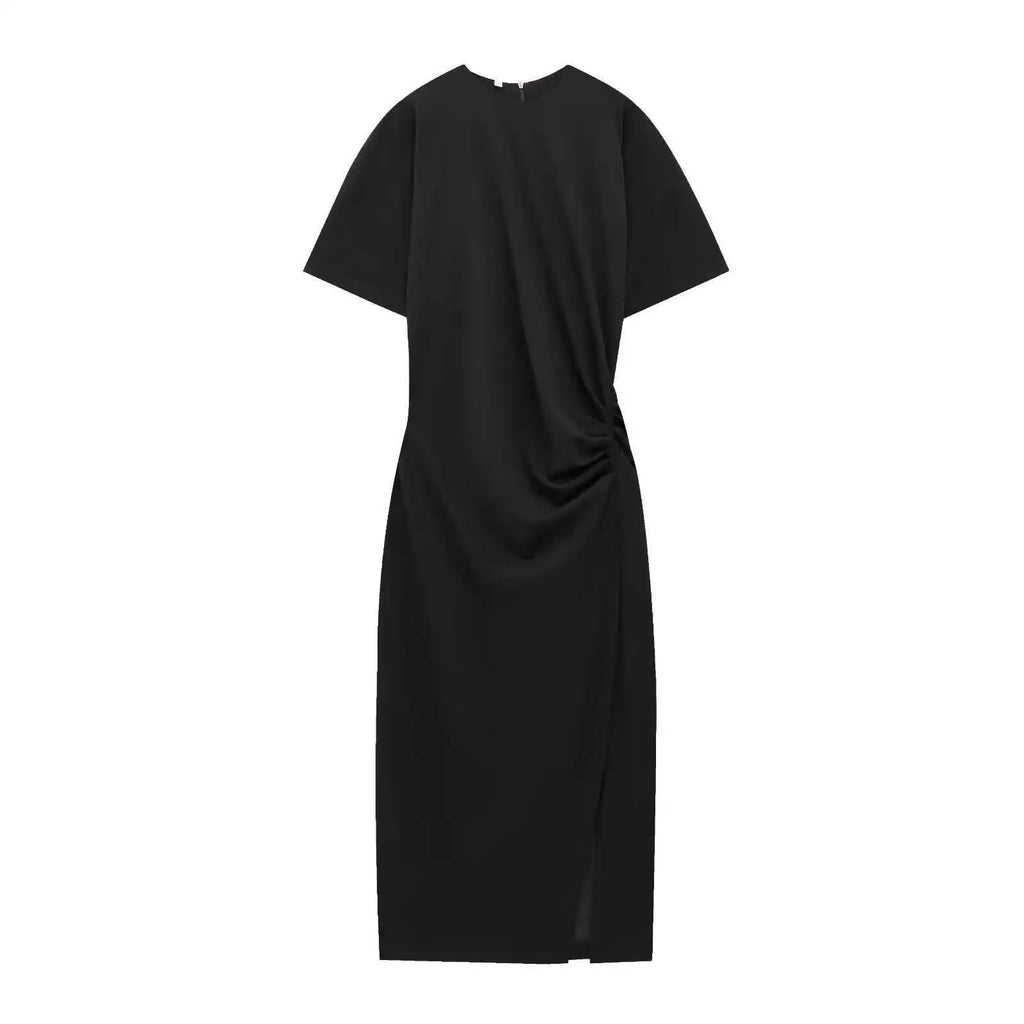 Summer Women's Midi Dress Slit Short Sleeve Pleated Cross-Border Street Style Polyester Solid Color Basic round Neck Loose Waist