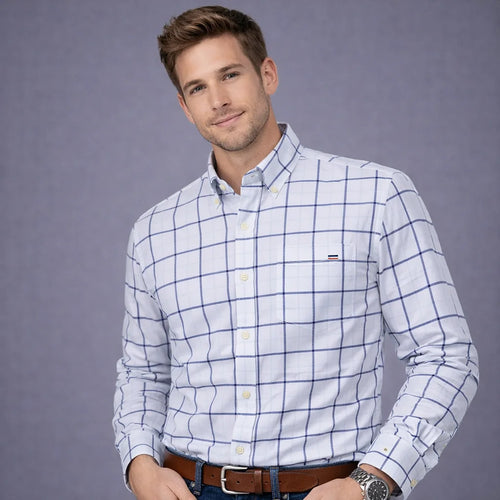 100 Percent Cotton Oxford Shirt For Men Long Sleeve Plaid Pattern Business Office Wear Smart Casual