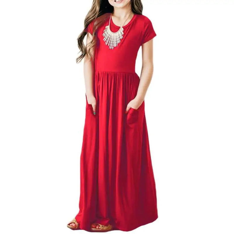 Summer Girls New Solid Color Short Sleeved Long Dress Beach Party Birthday Casual Fashion Show Versatile A-Line Dress