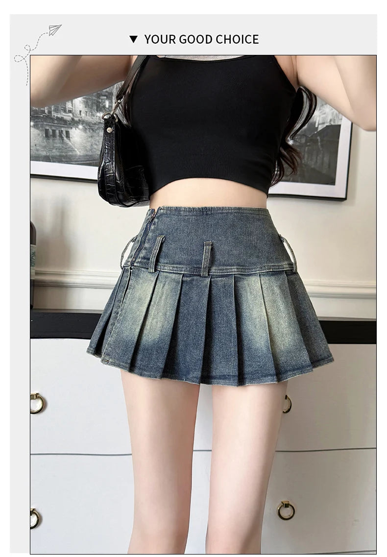High Waist A-Line  Skirt Women's Denim Pleated Half Body Summer New Style Comfortable Soft Korean Version City Commute