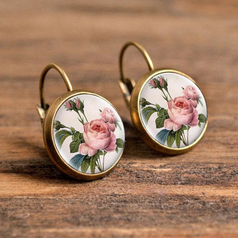 Hot Selling Pop Jewelry Dome Glass Alloy Earrings Flower Painting Noble Fashion