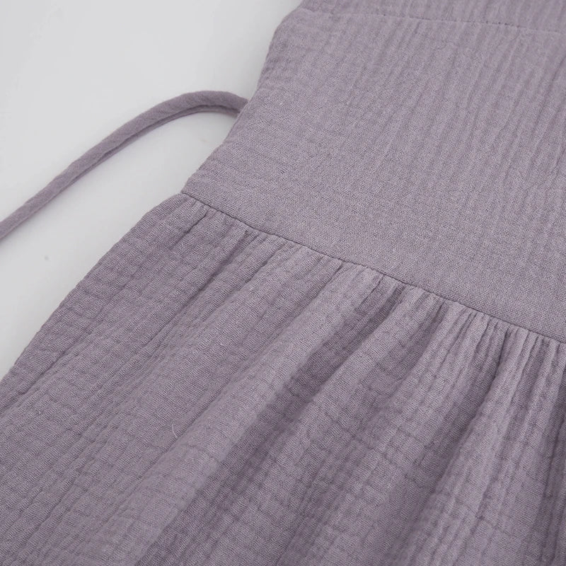 Vintage 100% Cotton Women's Dress Retro Crepe Gauze V-Neck Puff Sleeve Bandage Lace Up Elegant Dresses For Women Long Maxi Robe
