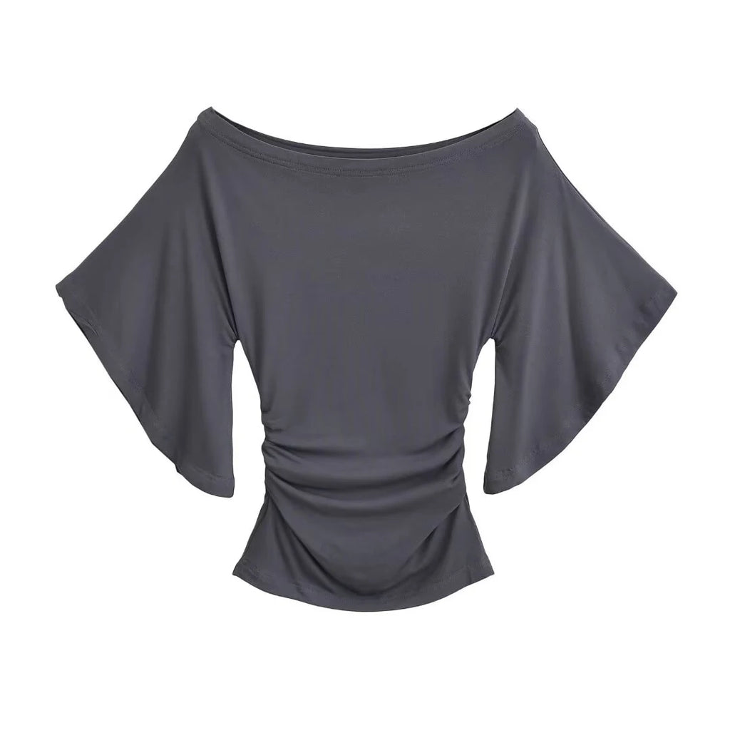 Korean style Women Summer Sexy Bat Sleeve Slash Neck Off Shoulder T-shirt Cinching Waist Solid Slim Top