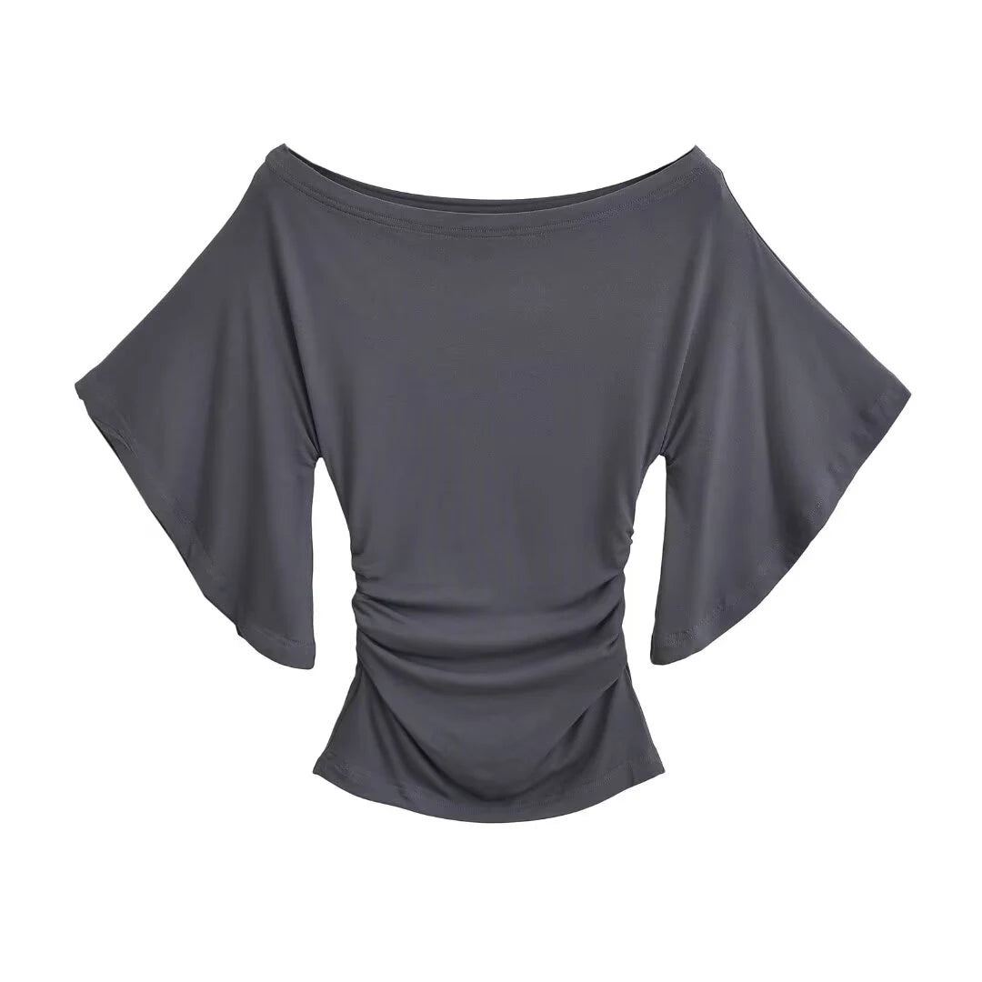Korean style Women Summer Sexy Bat Sleeve Slash Neck Off Shoulder T-shirt Cinching Waist Solid Slim Top