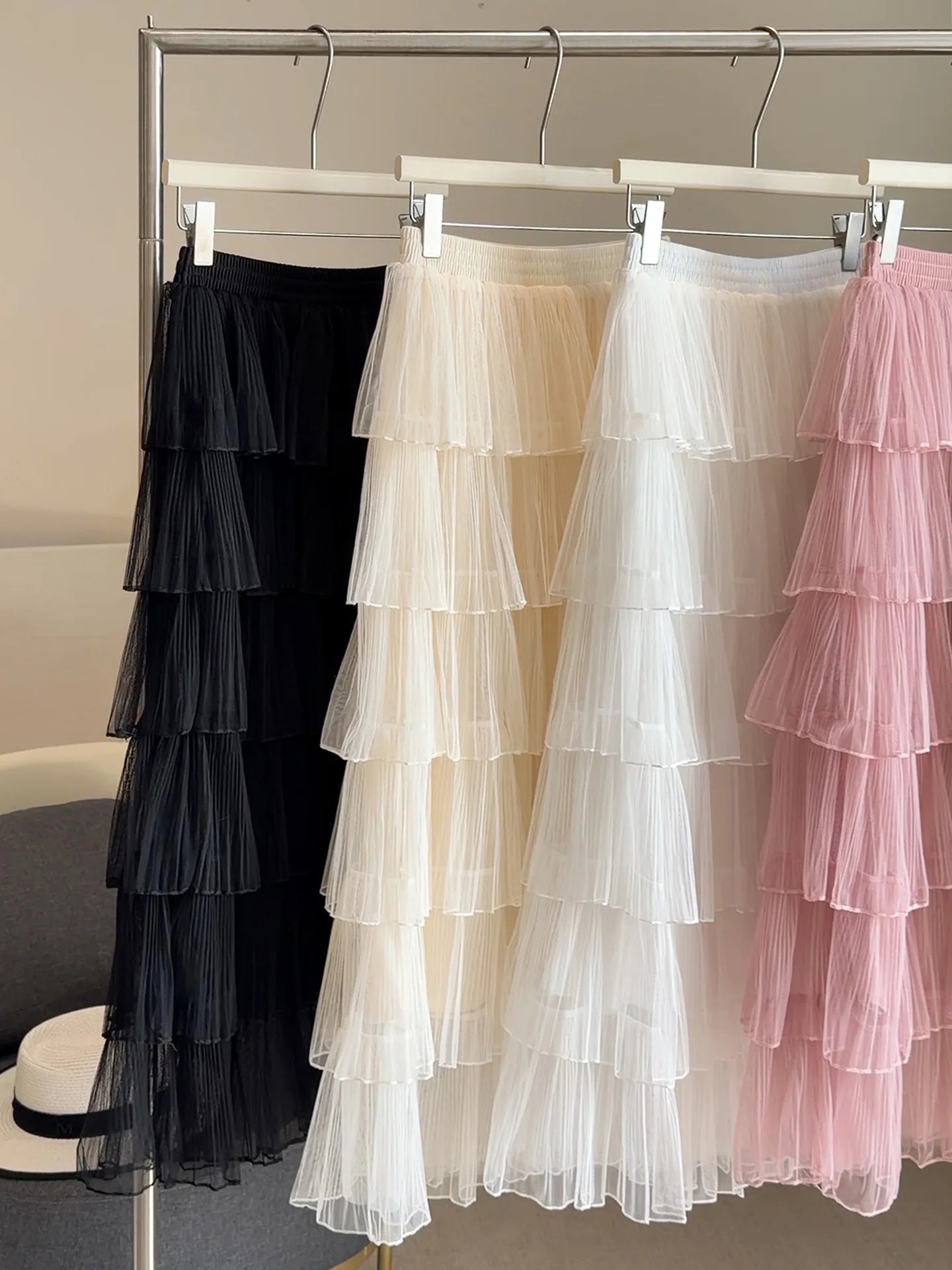 Seoulish Korean Style Layered Mesh Cake Midi Skirt 2026 Spring Women High Waist Elegant Tulle Skirt Female Long Skirts Party