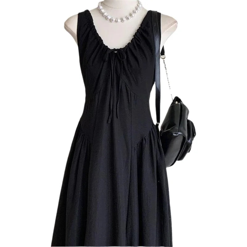 Retro French Style Casual Long Dress Drawstring Sleeveless plus Size 300 Pounds Design Summer New Fashion Dress