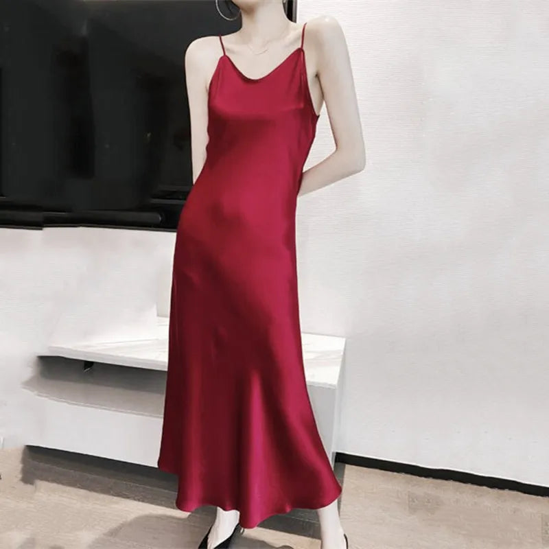 2026 fashion Sexy Satin Long Dress Summer Lady Acetate satin Party Dress High Waist Slim Female Retro Dress Red Pink robe femme