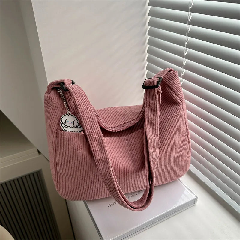 Women’s Corduroy Shoulder Bag, Casual Striped Large Capacity Tote with Zipper Closure, Cute Hat Patch, Perfect for Everyday Use