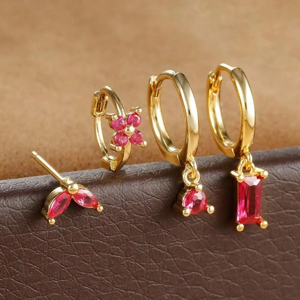 Cubic Zirconia Flower Hoop Earrings 4 Piece Set 18K Gold Plated Stainless Steel For Women
