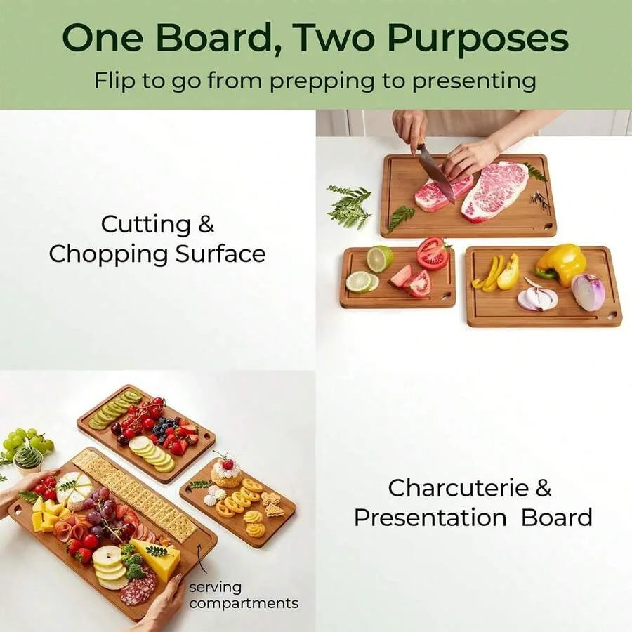 Deep Carbonized Bamboo Cutting Board Set, Designed For Kitchen Use, Paired With Wooden Storage Rack; Double-Sided For Separate Handling Of Cooked Food, Features Oil Draining Groove And Ergonomic Handle, Protects Knives,