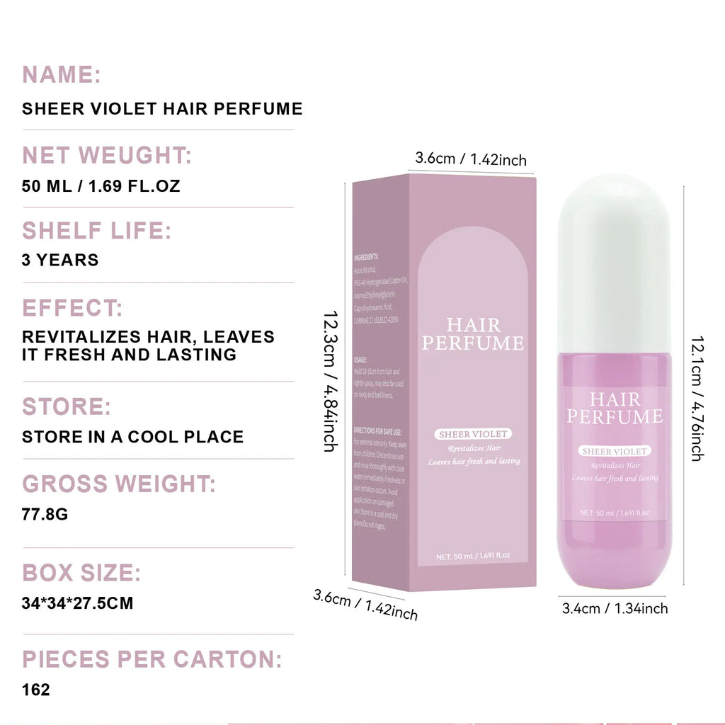 50ML Sheer Violet Hair Perfume for Women Clean Deodorizing Hair Spray & Body Mist Freshen Hair Body & Pillows Soft Musk Scent
